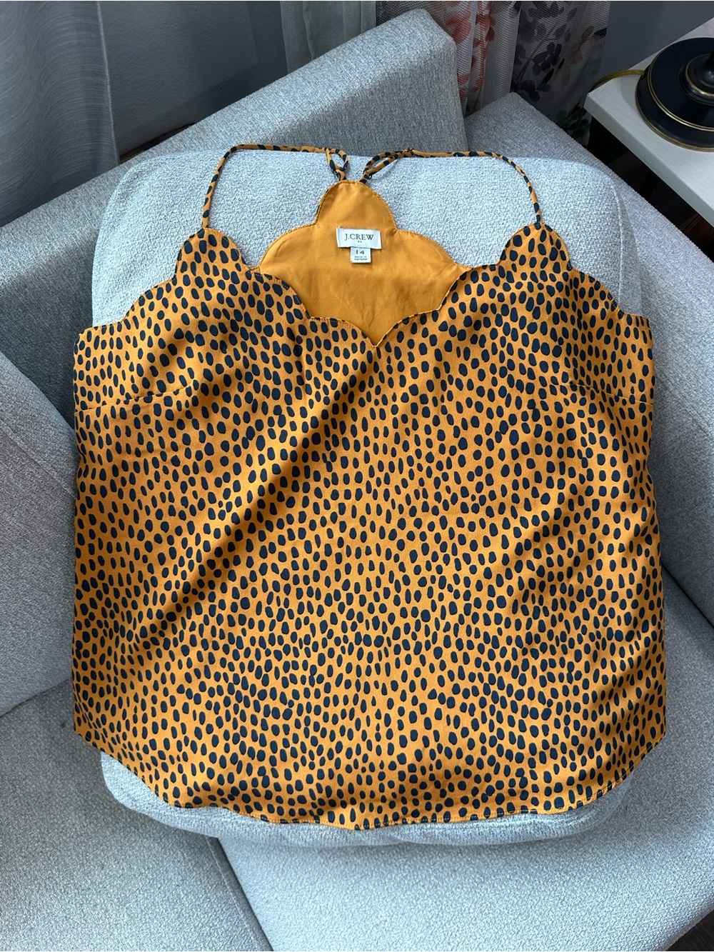 J. Crew Mustard Yellow Black Dot Scallop-Edge Cami